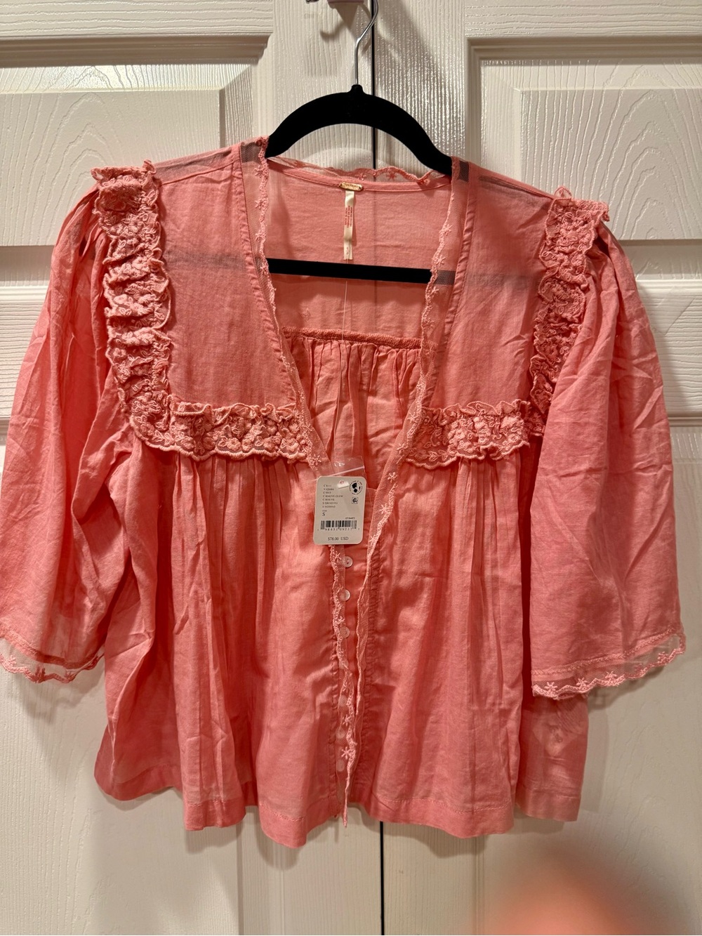 Free People Mauve Glow Lace Trim Button Front Blouse NWT Size S